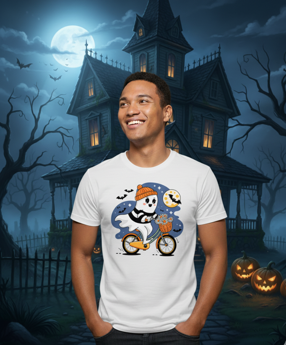 Bella+Canvas 3001 Ghost Bike T-Shirt - Funny Halloween Pumpkin Tee