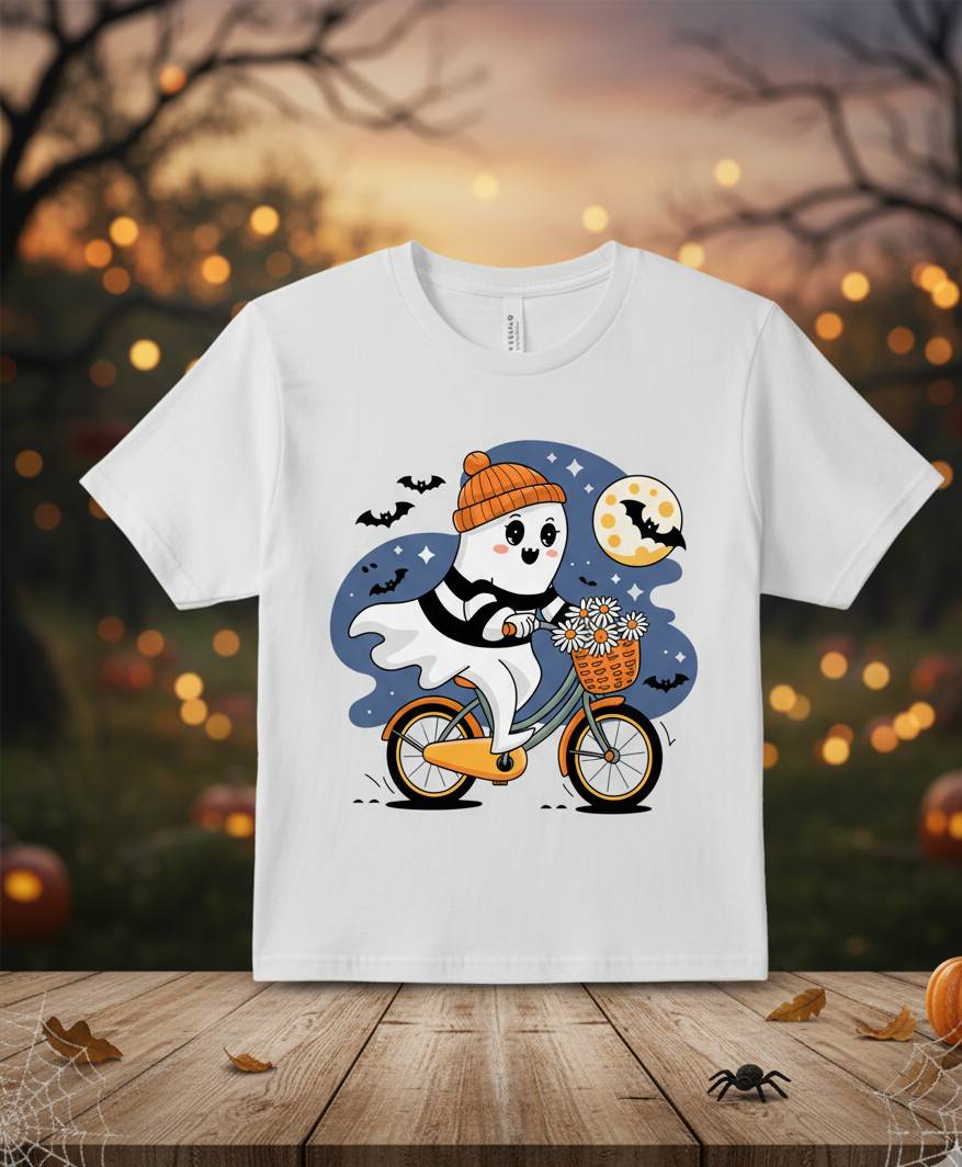 Bella+Canvas 3001 Ghost Bike T-Shirt - Funny Halloween Pumpkin Tee