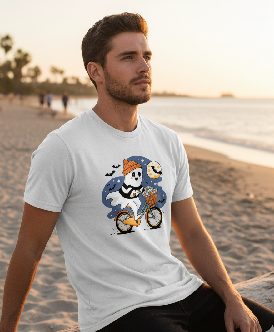 Bella+Canvas 3001 Ghost Bike T-Shirt - Funny Halloween Pumpkin Tee