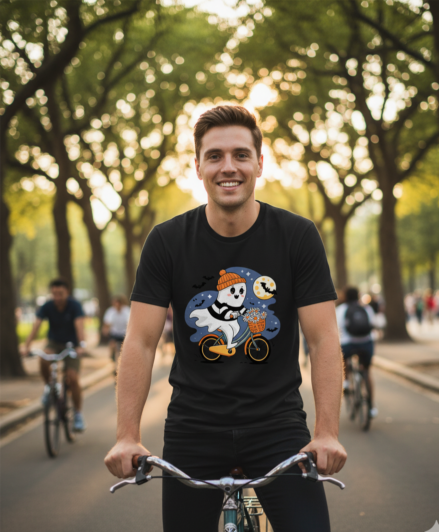 Bella+Canvas 3001 Ghost Bike T-Shirt - Funny Halloween Pumpkin Tee
