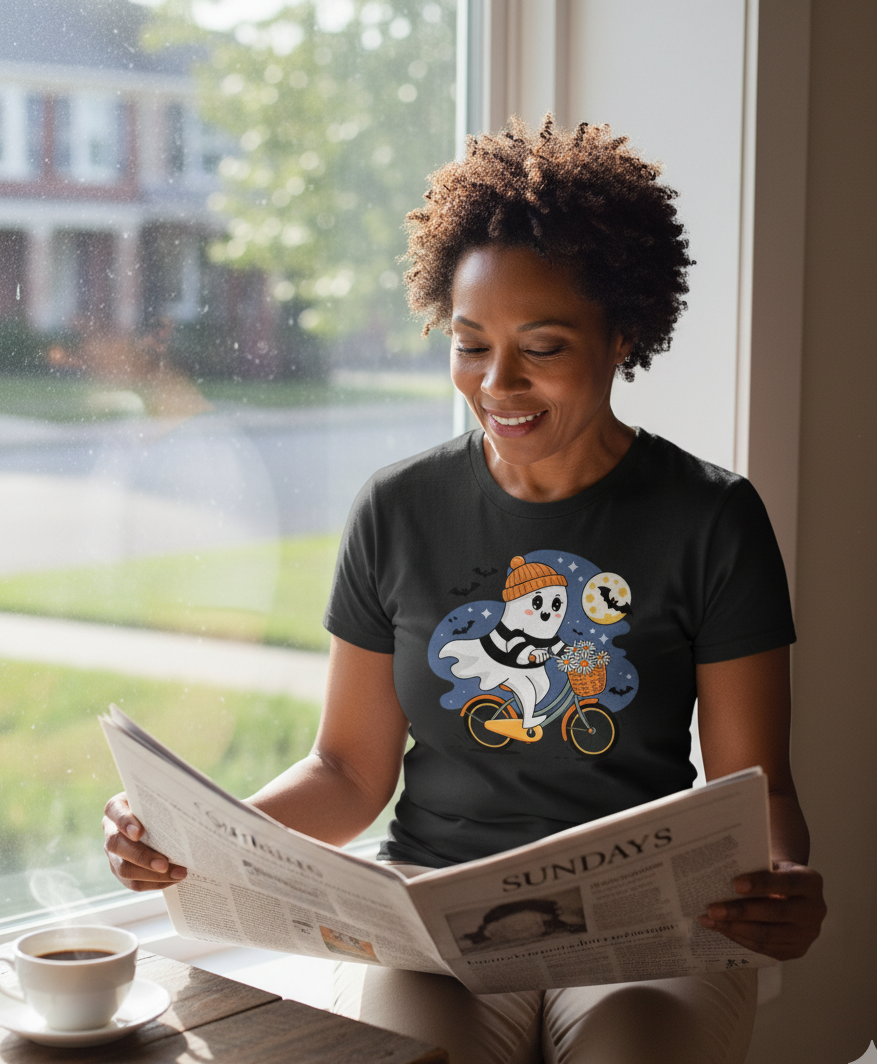 Bella+Canvas 3001 Ghost Bike T-Shirt - Funny Halloween Pumpkin Tee